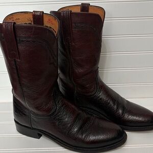 LUCCHESE 2000 Black Red Cherry Smooth Ostrich Roper Cowboy Boots Mens Size 9.5 B